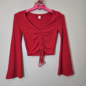 Vibrant Red Bell Sleeve Retro Inspired Ribbed Crop Top Med